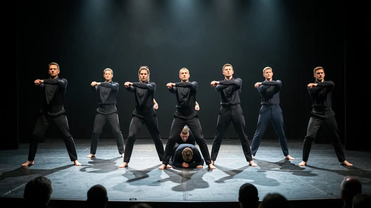 Image of dancers in a complex, uniform choreography, with one dancer showing a crack in the uniformity.