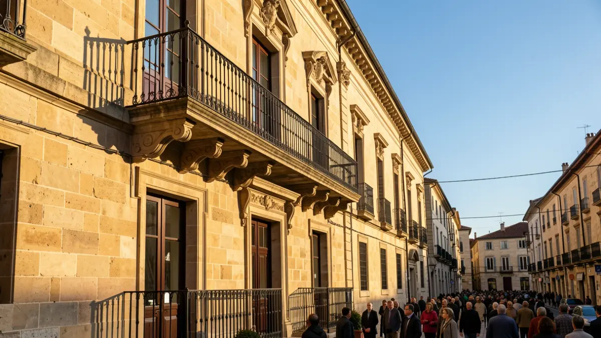Facade of a traditional stone town hall with a balcony and iron railings, under warm afternoon light.