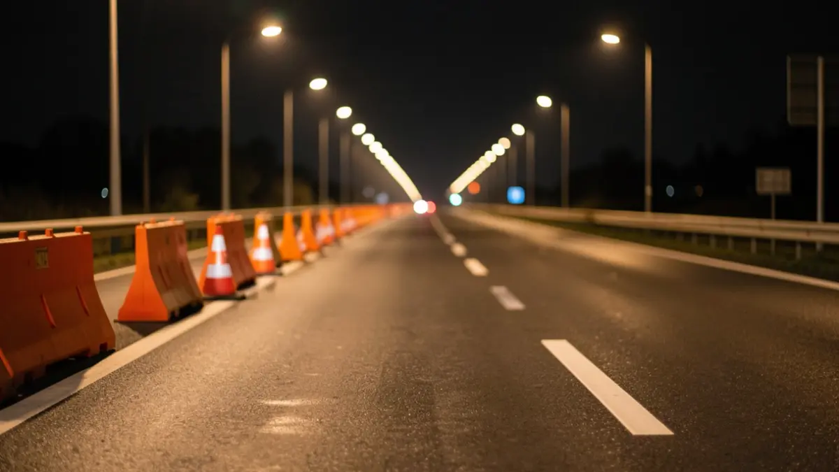 Imagen genérica de una carretera en obras durante la noche con señalización de tráfico.