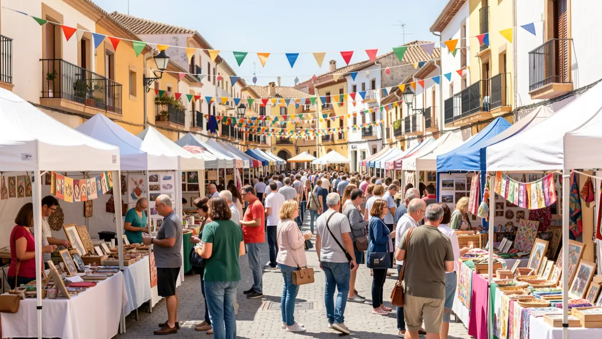 Generic image of an outdoor association fair in Coslada, with stalls, people, and a festive atmosphere.