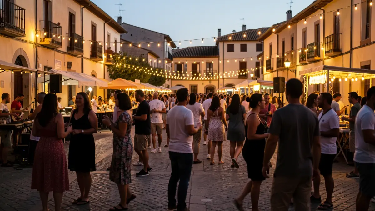 Generic image of an outdoor summer festival in a Spanish town square at dusk.
