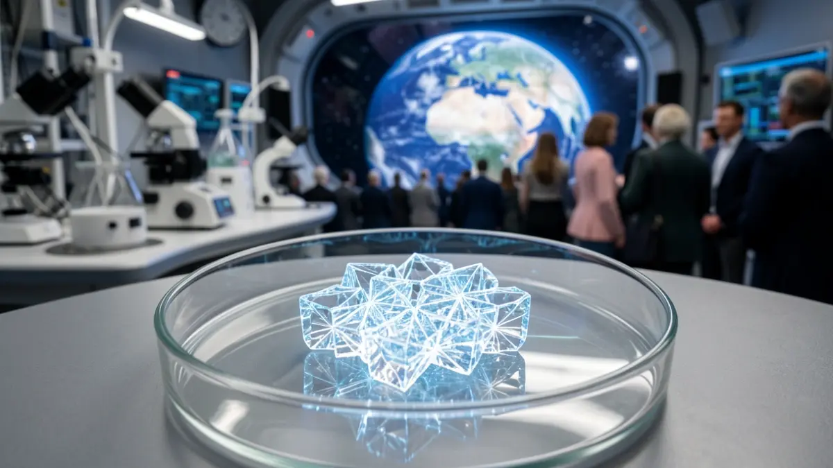 Close-up of a glowing, intricate zeolite crystal structure in a petri dish, with blurred laboratory equipment and Earth in the background.