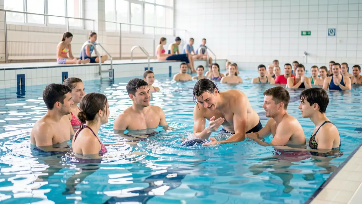 Image of a lifeguard training course in an indoor swimming pool.
