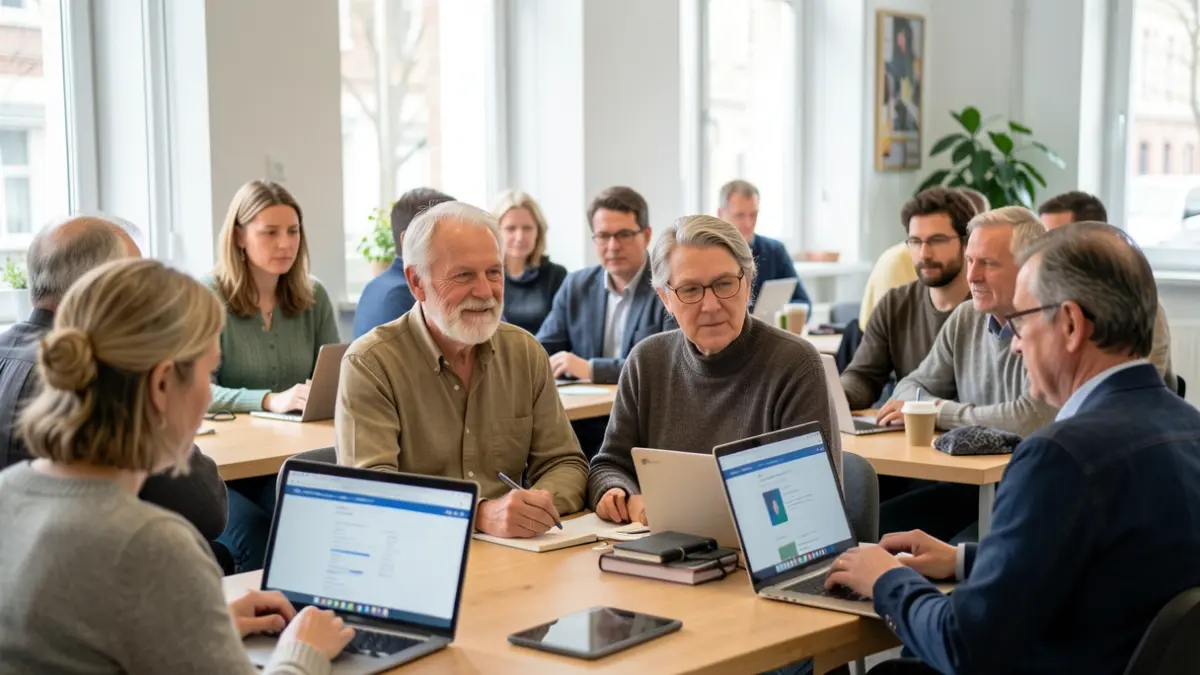 Generic image of individuals over 45 years old training in digital marketing and e-commerce through an online course.