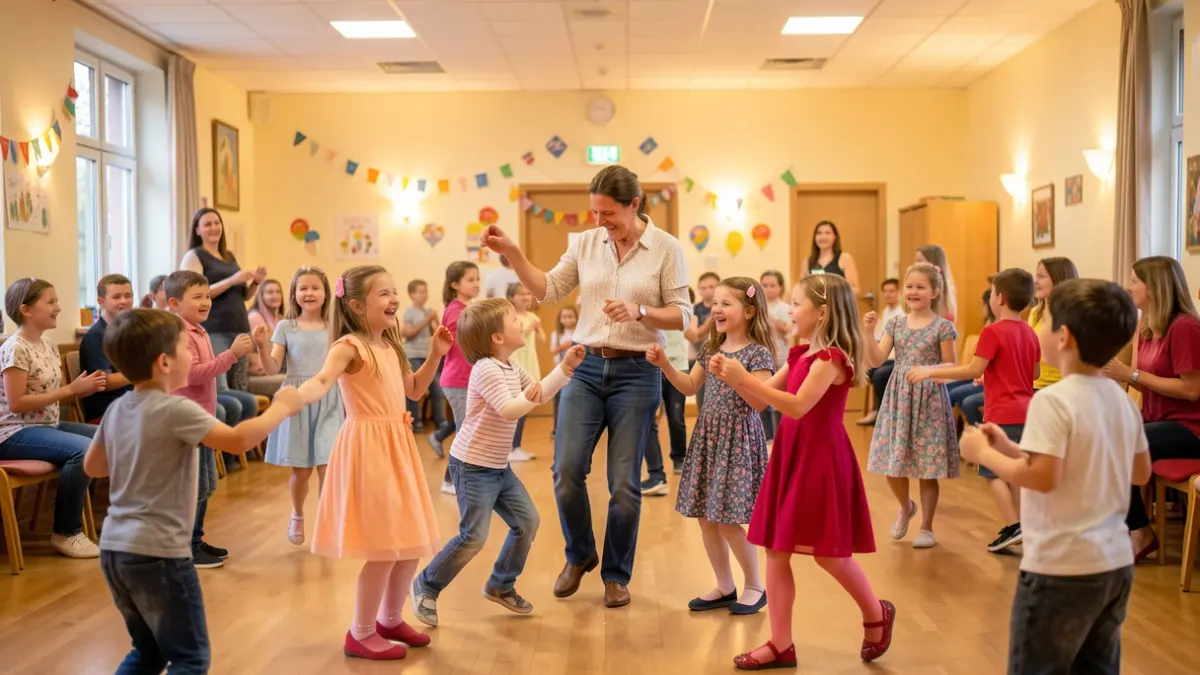 Generic image of children and an adult dancing in a community center.