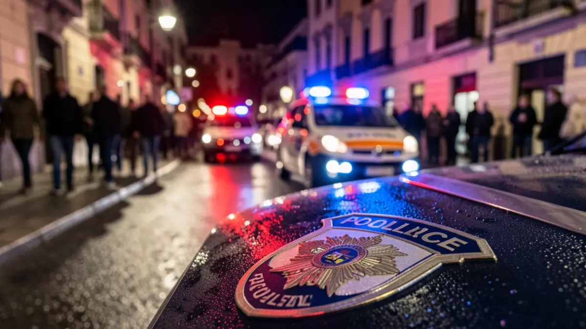 Placa de policía con luces de emergencia reflejadas en asfalto mojado en una calle de Madrid.