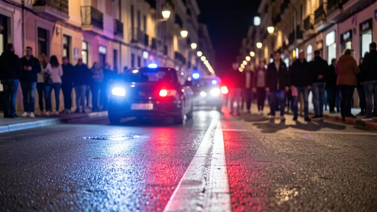 Generic image of police emergency lights reflecting on wet asphalt at night in a Madrid street.