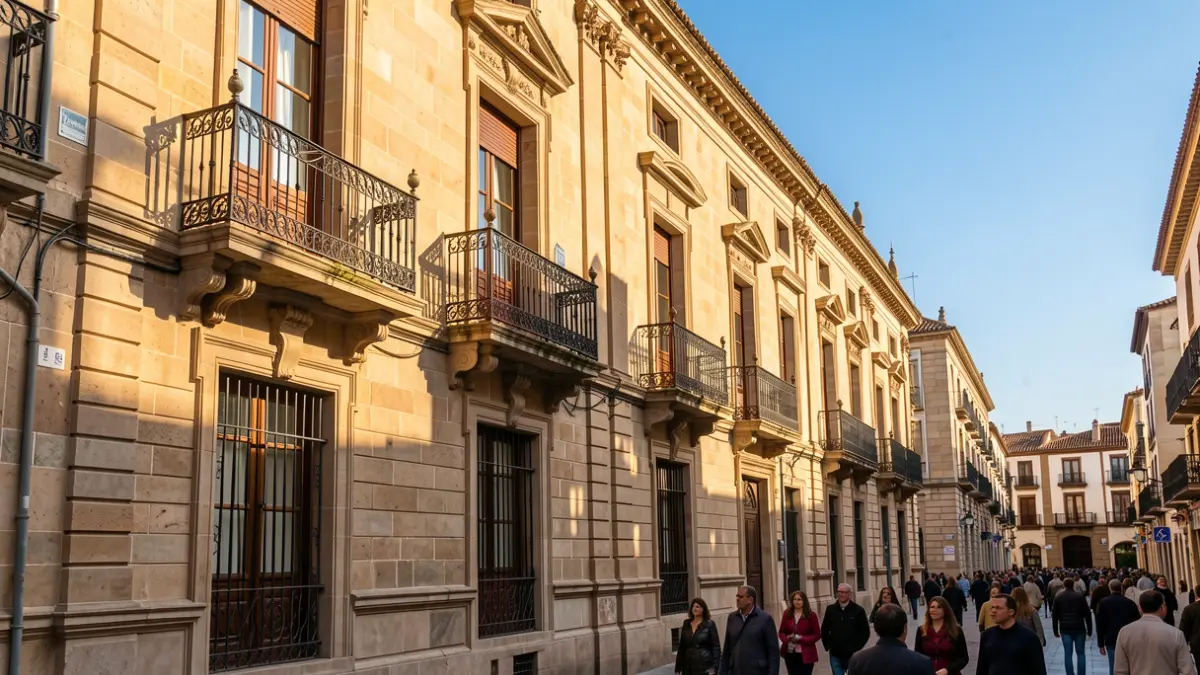 Fachada de piedra de un centro cultural en La Cabrera, Madrid, con balcones ornamentados y barandillas de hierro, bajo la luz del sol de la tarde.
