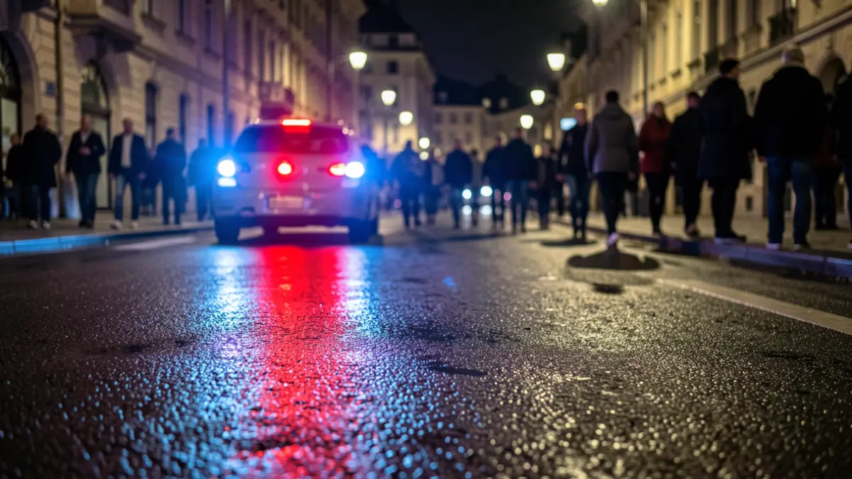 Imagen genérica de luces de emergencia policiales reflejándose en asfalto mojado por la noche.