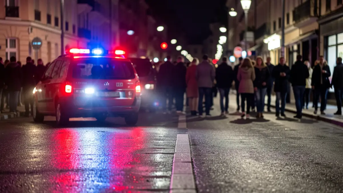 Red and blue emergency lights reflecting on wet asphalt at night.