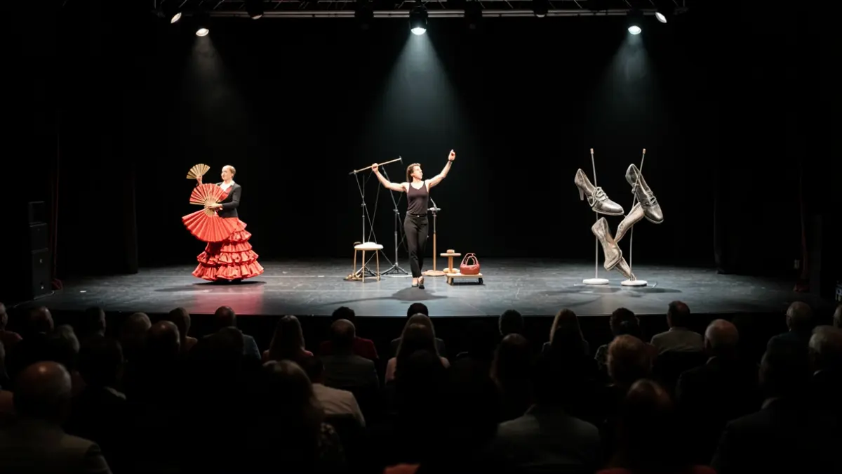 Escena de la gala de creaciones coreográficas en los Teatros del Canal de Madrid, mostrando elementos de flamenco y danza contemporánea.