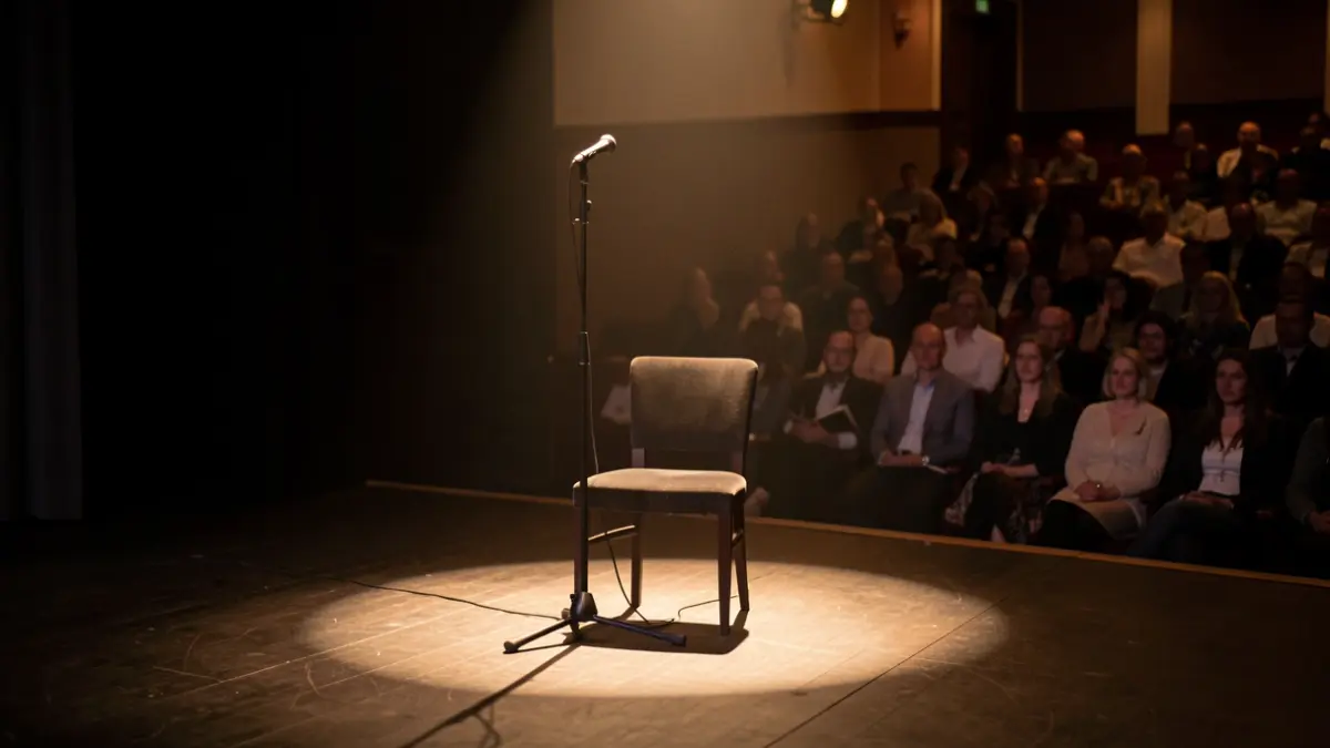 Generic image of an empty theater stage with a chair and a microphone.