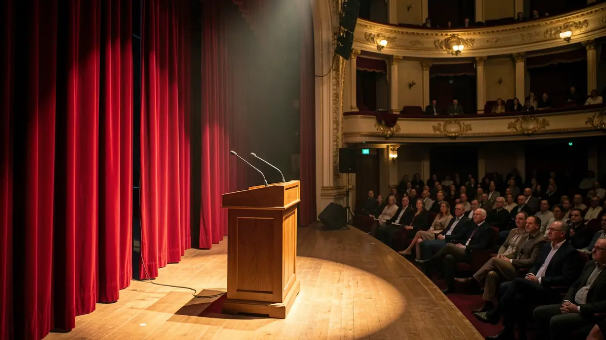 Generic image of a theater stage with red curtains and an empty podium.