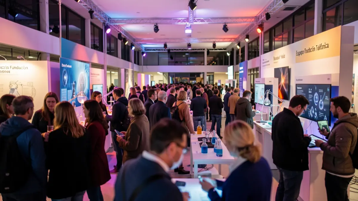 Imagen genérica de la Noche Europea de los Investigadores en el Espacio Fundación Telefónica de Madrid, con asistentes interactuando en puestos de ciencia.