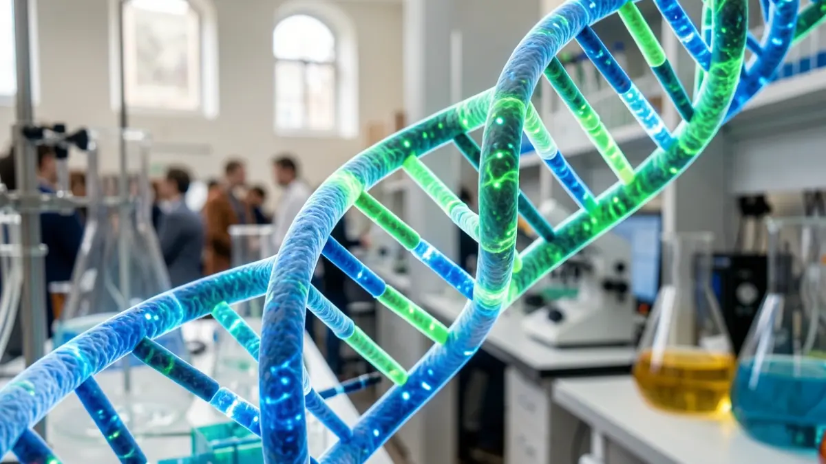 DNA double helix structure with blue and green lights, against a laboratory background.