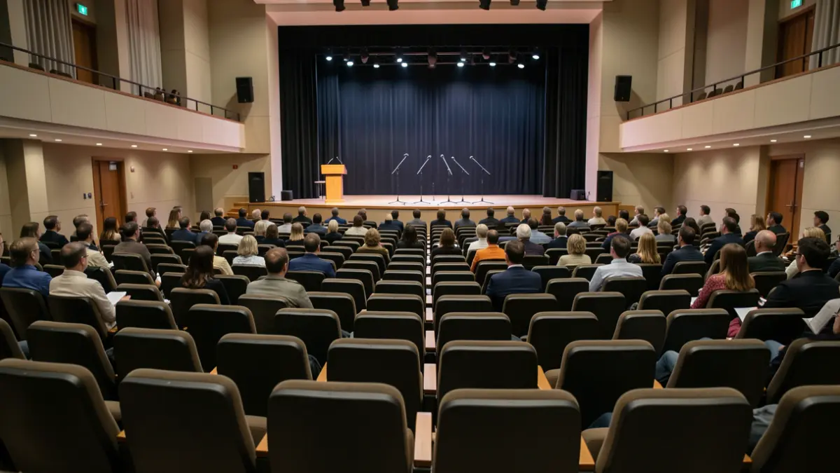 Generic image of an empty auditorium with a stage and microphones.