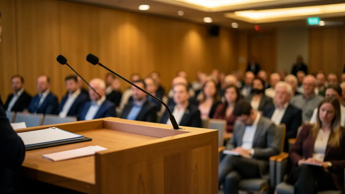 Generic image of a conference room with a podium and microphones.