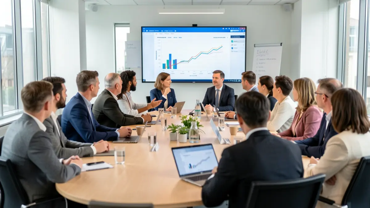 Generic image of professionals in a conference room discussing data.