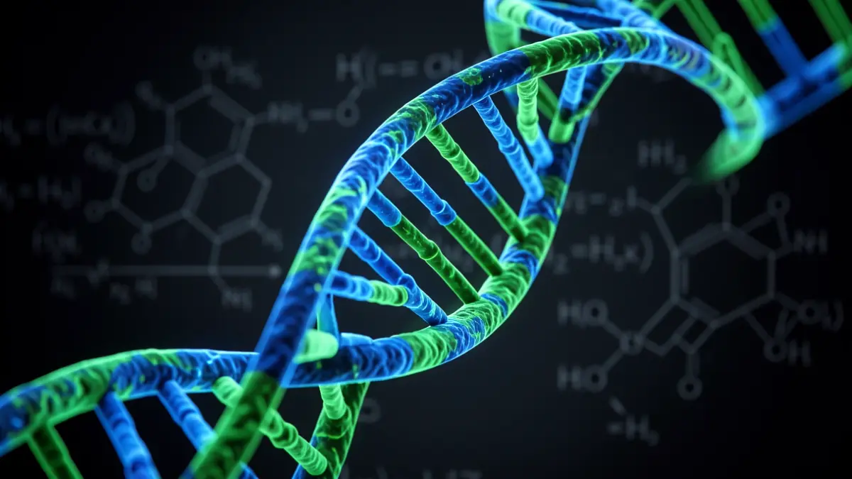 Estructura de doble hélice de ADN con diagramas científicos de fondo.