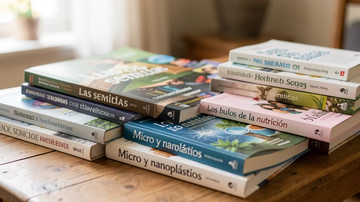 Science popularization books from CSIC and the 'What do we know about?' collection on seeds, nutrition, and microplastics.