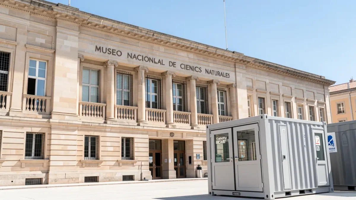 Image of the National Museum of Natural Sciences (MNCN) in Madrid with the Curiosity Cube at the main entrance.