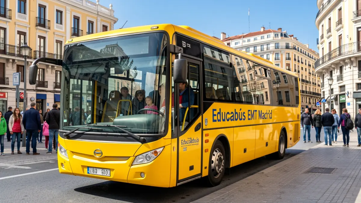 The 'Educabús EMT Madrid' school bus at a Madrid urban bus stop, ready to teach children about public transport.