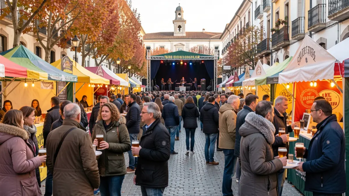 Generic image of a craft beer festival in El Escorial with a festive atmosphere and food stalls.