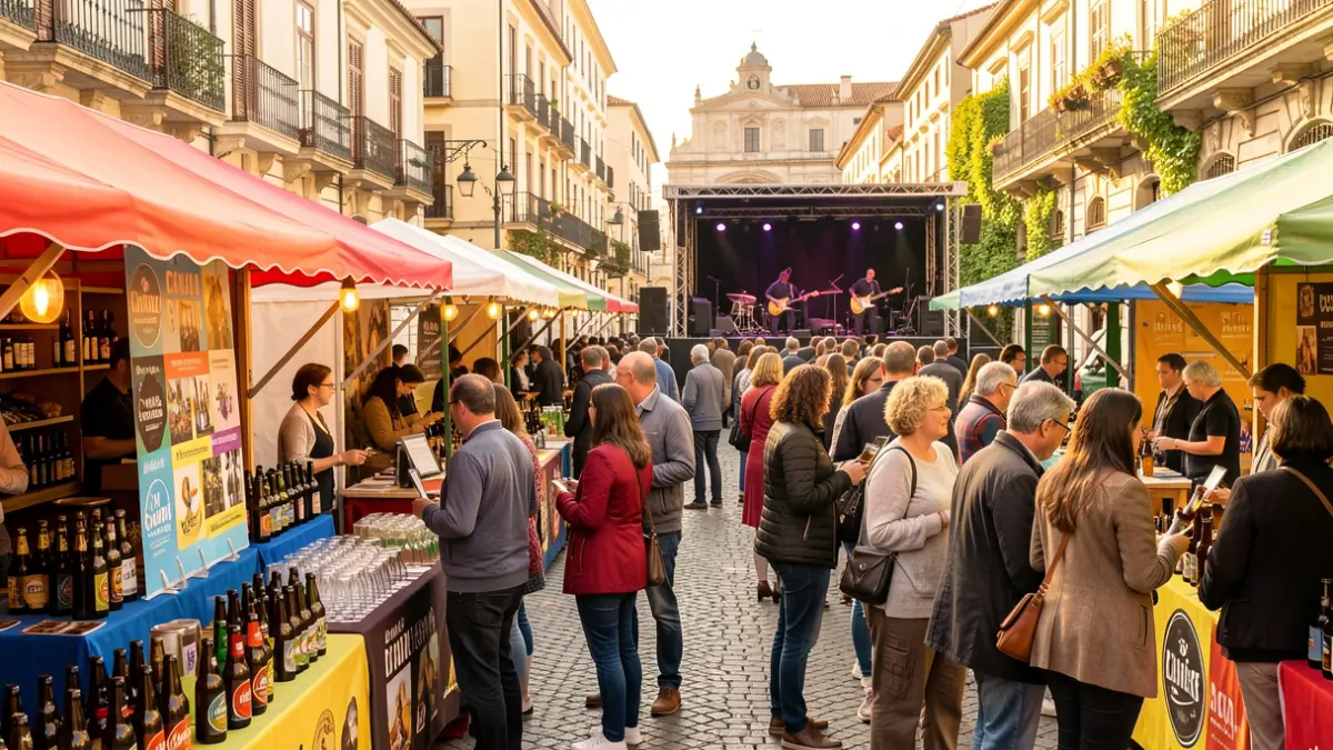 Generic image of a craft beer festival with stalls, people, and music in El Escorial.