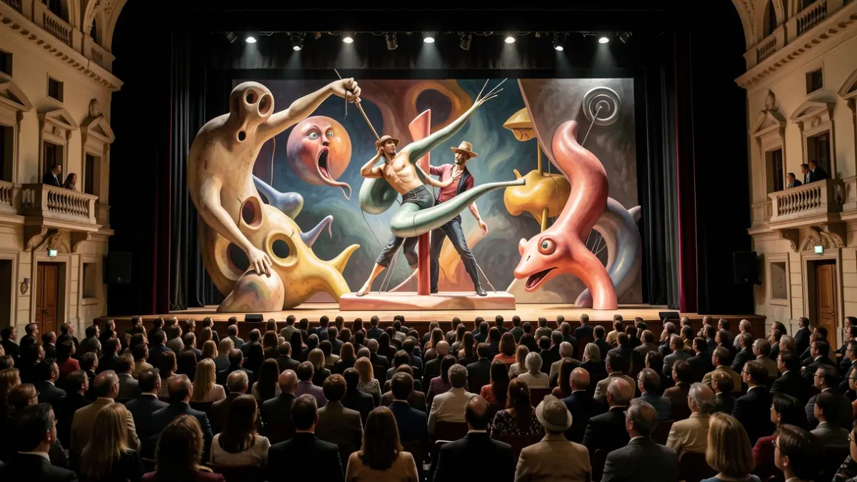 Escena teatral surrealista inspirada en Buñuel, Lorca y Dalí.