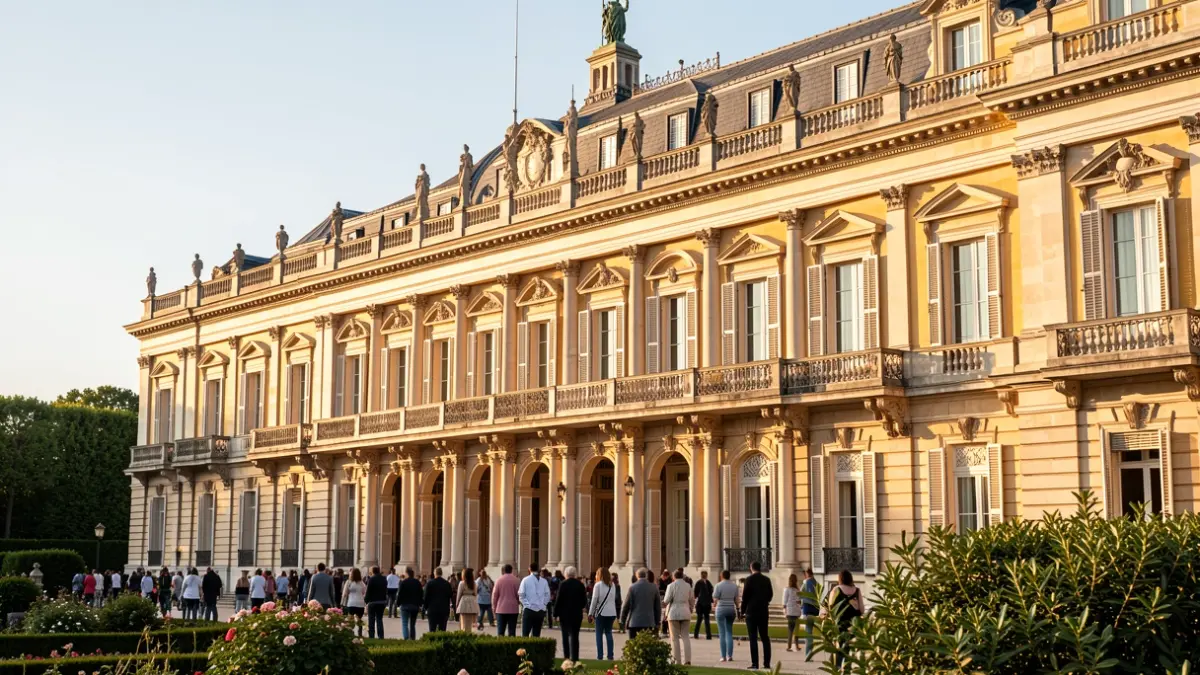 Fachada del Palacio Real de Aranjuez con arquitectura clásica y jardines.