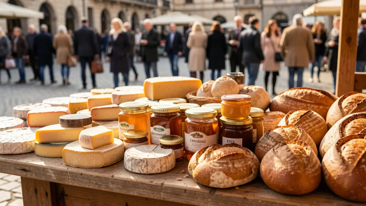 Image of artisanal and gourmet food products at an outdoor market stall.
