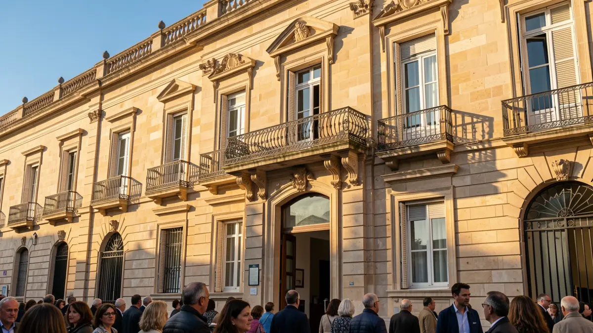 Facade of the Móstoles town hall with classical architecture, ornate balcony and iron railings. Warm afternoon sunlight casting shadows on the sandstone walls, under a blue sky.