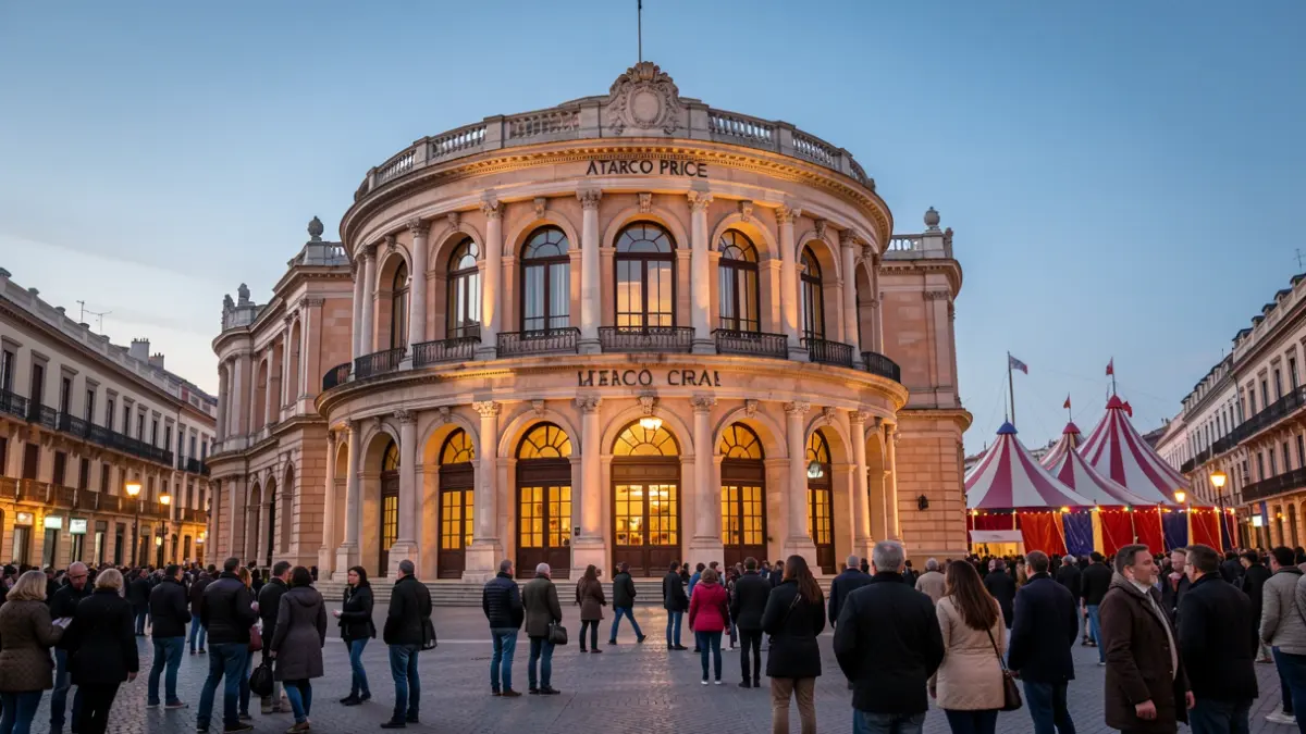 Facade of the Teatro Circo Price in Madrid illuminated at dusk, with suggested circus elements.