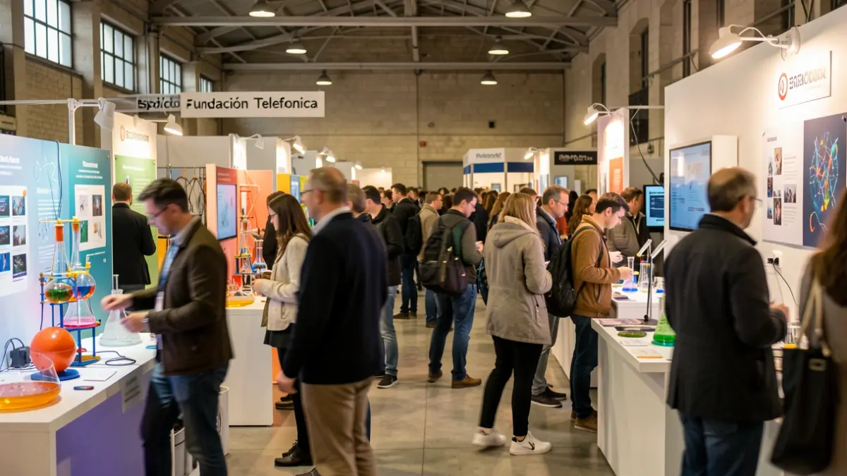 Generic image of a science fair in Madrid with attendees and exhibits.