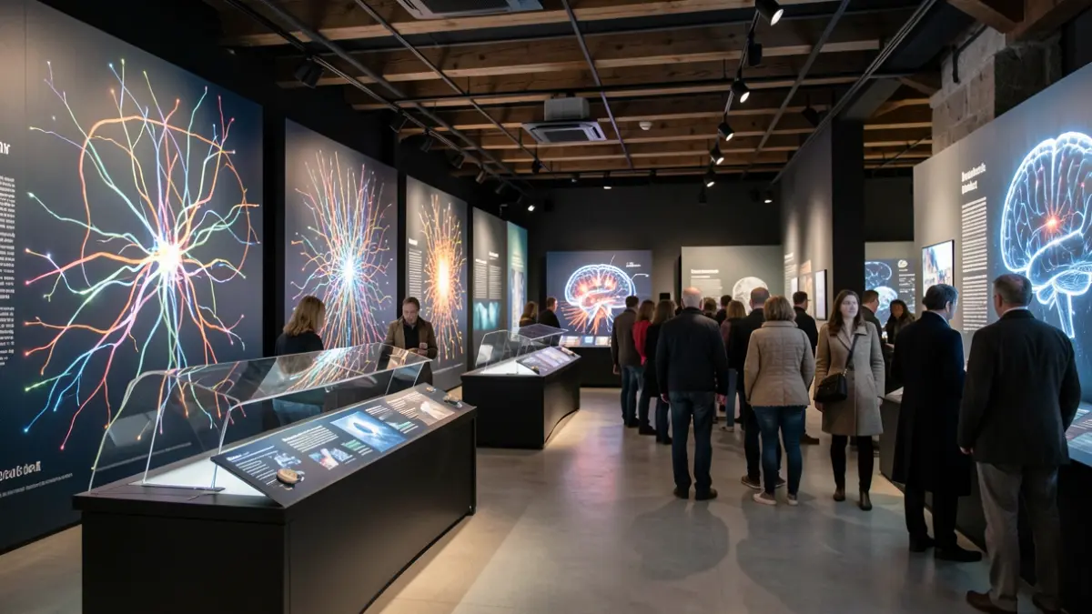 Imagen genérica de una sala de exposiciones de un museo de ciencias con elementos interactivos sobre neuronas.