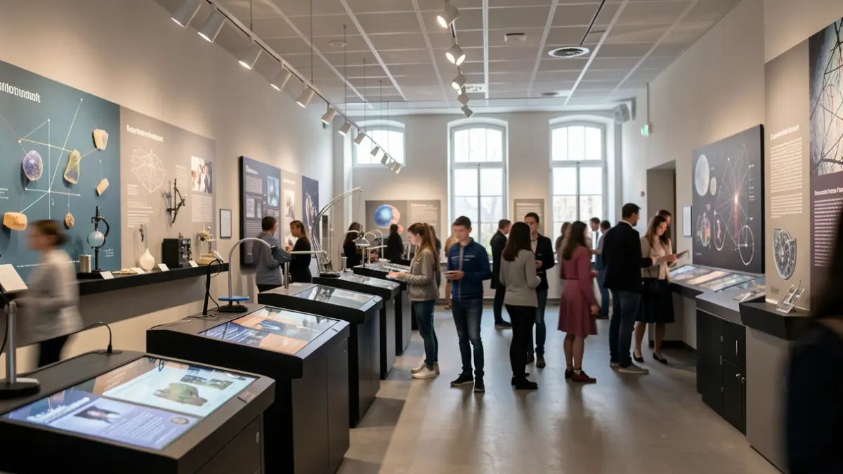 Generic image of a science museum with exhibits and visitors.