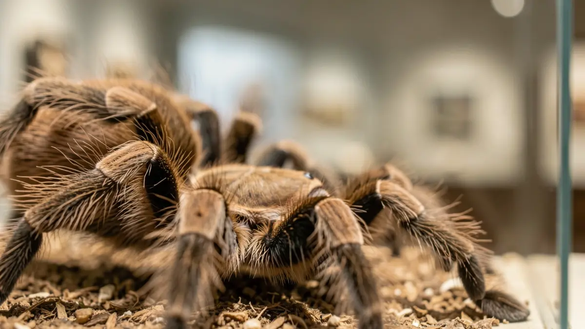 Primer plano de una tarántula ibérica Lycosa hispanica, destacando la textura de sus patas y cuerpo en un entorno de museo.