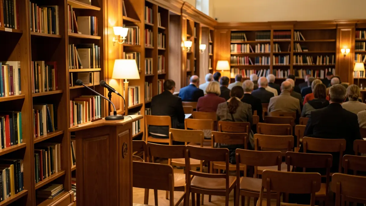 Imagen de una sala de conferencias con estanterías de libros y un atril, preparada para una presentación cultural.