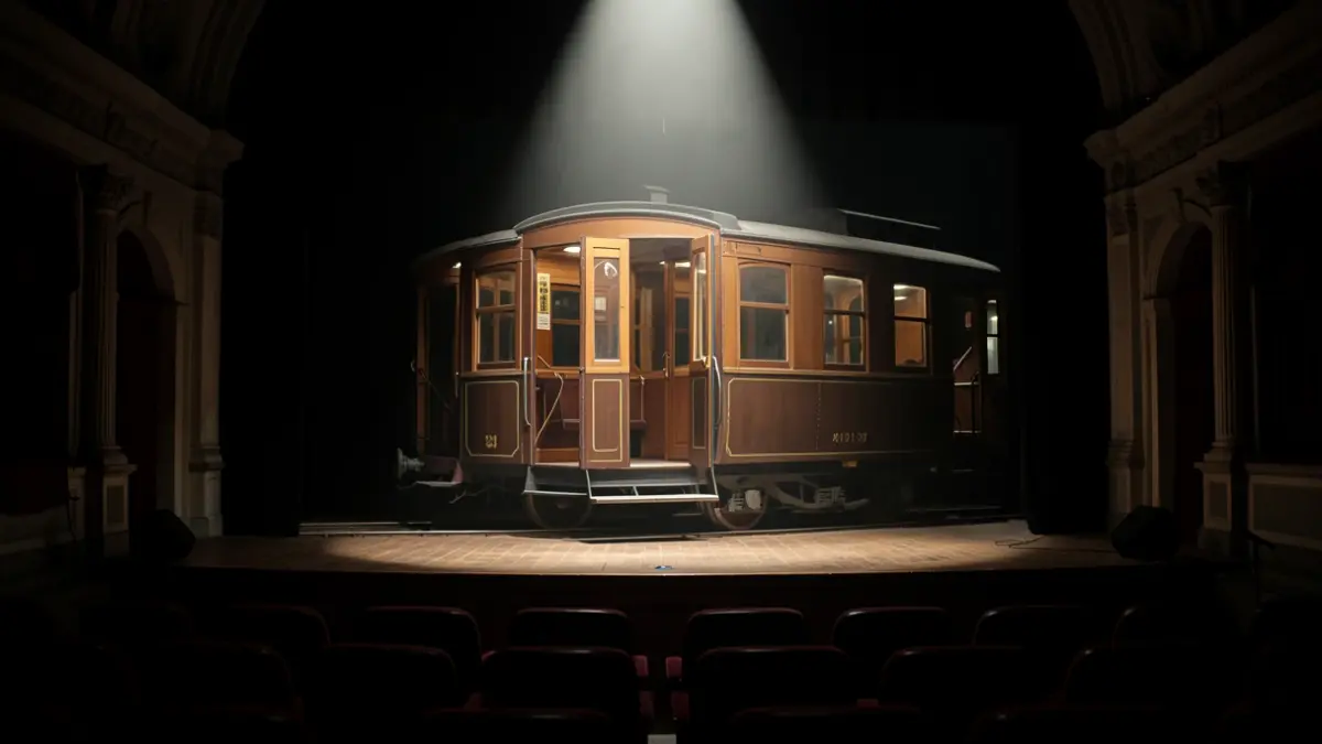 Generic image of an old train carriage illuminated by a spotlight on a theatre stage.