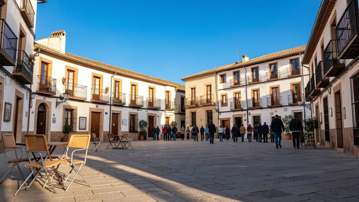 Clear sky over a Spanish town square with traditional architecture.