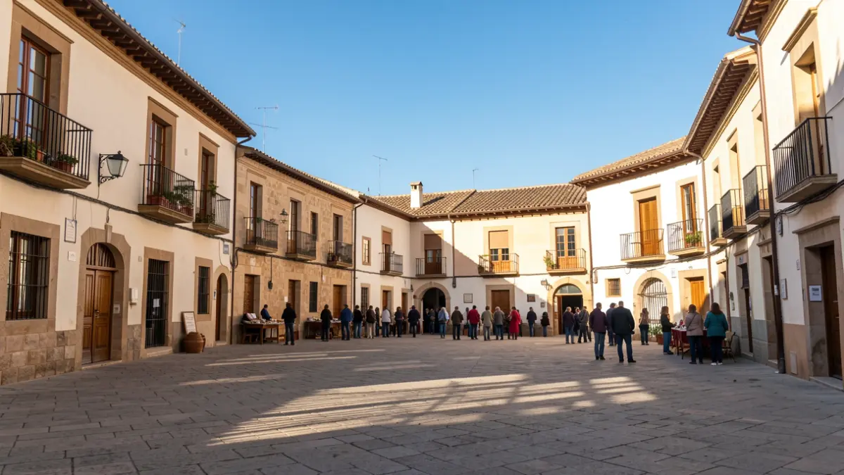 Cielo despejado sobre una plaza de pueblo español con arquitectura tradicional.