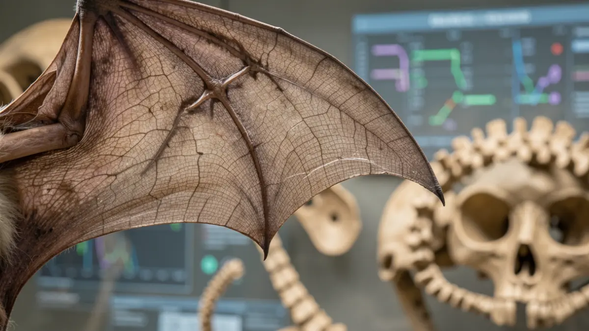 Primer plano de la membrana de un ala de murciélago con fósiles y datos genómicos al fondo.