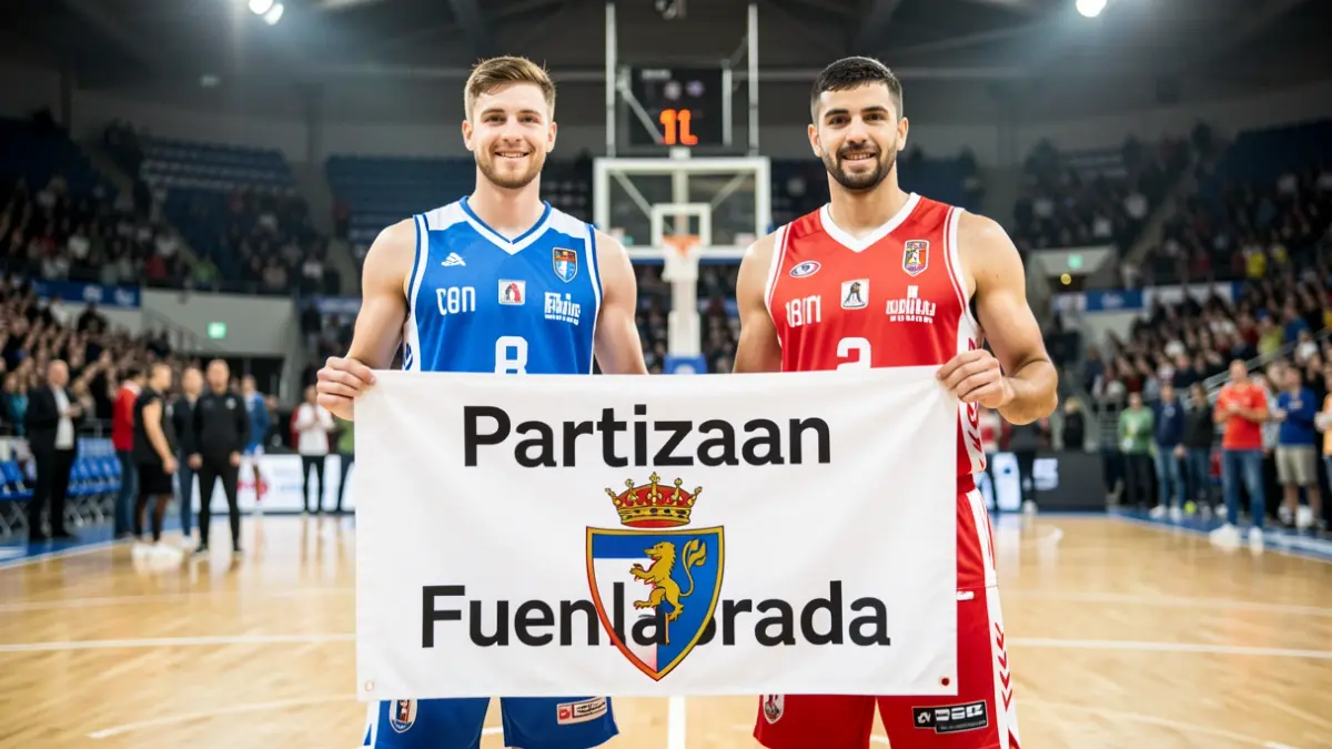 Generic image of two basketball teams posing together with a banner.