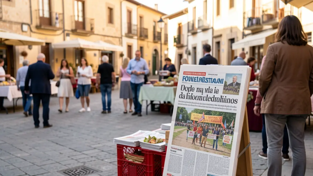 Puesto de periódicos en una plaza de Móstoles con el periódico local de septiembre.