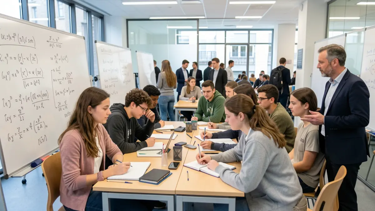 Image of young people solving math problems in a classroom at ICMAT.