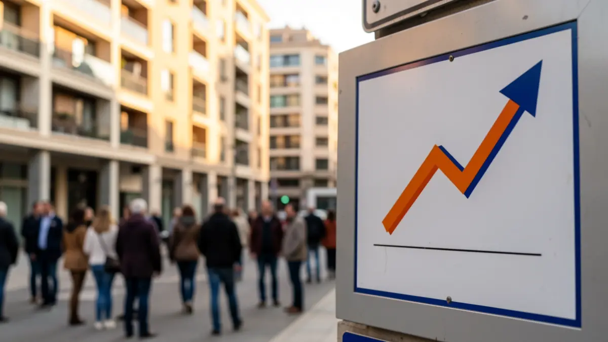 Rising graph on a real estate sign with Madrid buildings in the background.