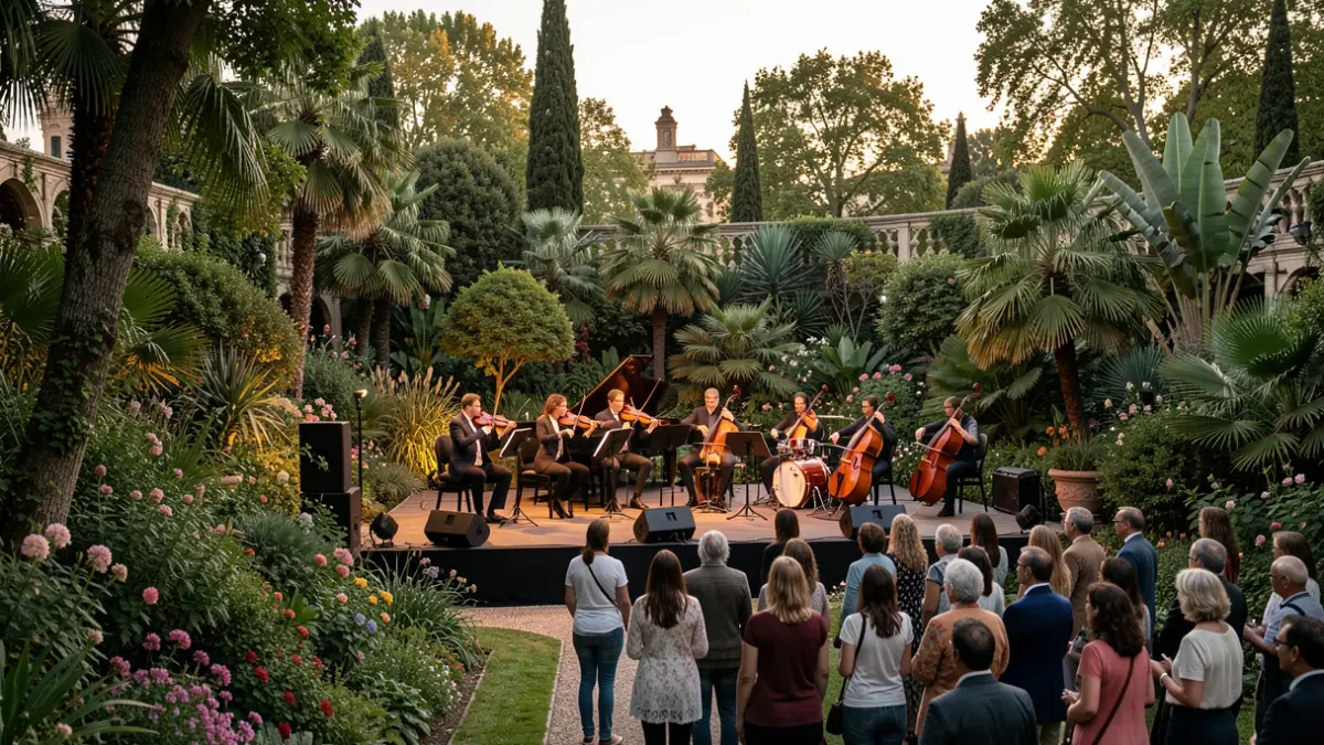 Image of an outdoor chamber music concert at the Royal Botanical Garden in Madrid.