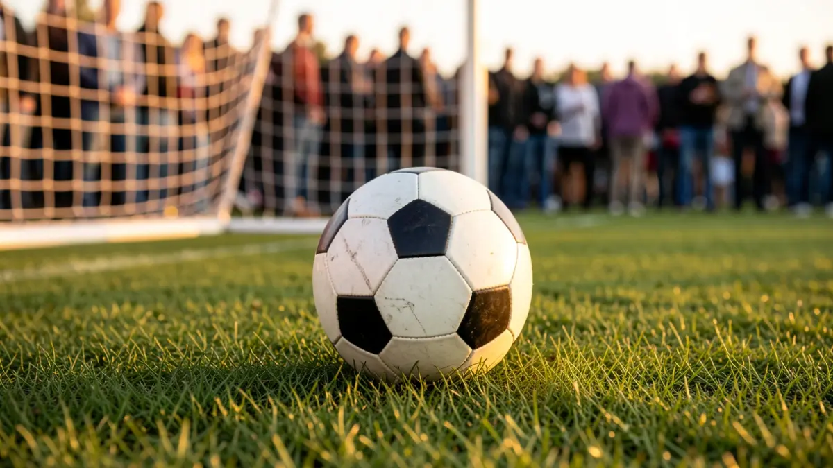 Generic image of a soccer ball on grass at sunset.