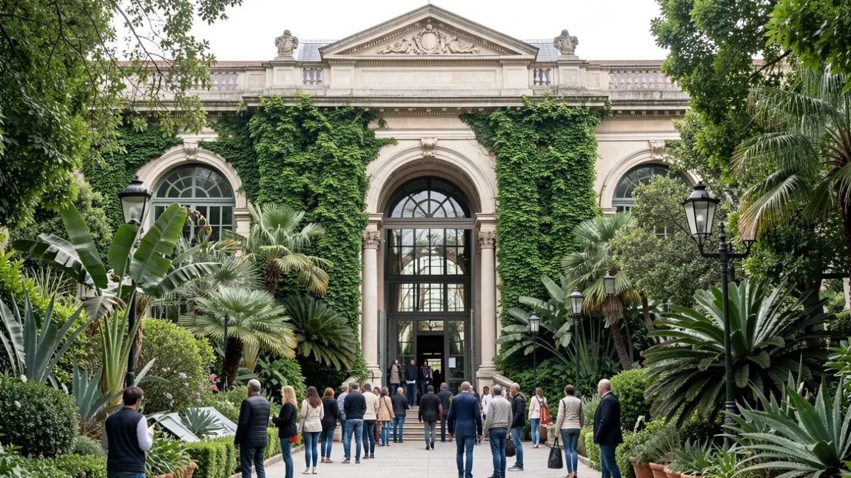 Fachada del Real Jardín Botánico en Madrid con vegetación.