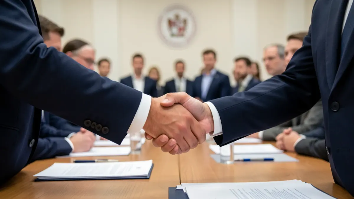 Generic image of a handshake at a business event.